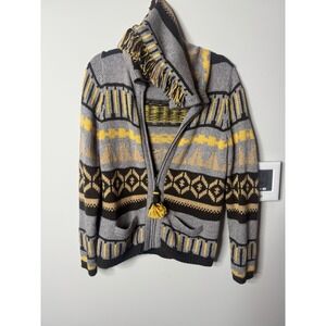 Hooded Knit Cardigan Sweater Aztec Geometric Pattern Gray Yellow Brown